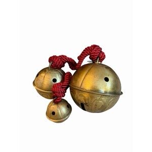 3 JC & Rollie Brass Gold Toned Christmas Sleigh Bells Jingle Bells On Red Cords